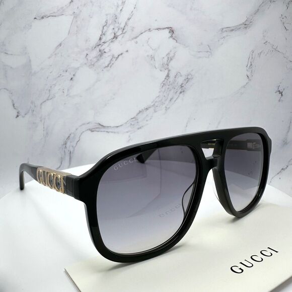 New Gucci Sunglasses Black Pilot Aviator 58mm Navigator Gold Authentic - Picture 11 of 16